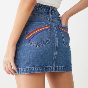 F21 Button Fly Denim Mini Skirt w/ Rainbow on Back